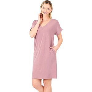 Zenana Pullover Rolled Short Sleeve Dress with Side Pockets